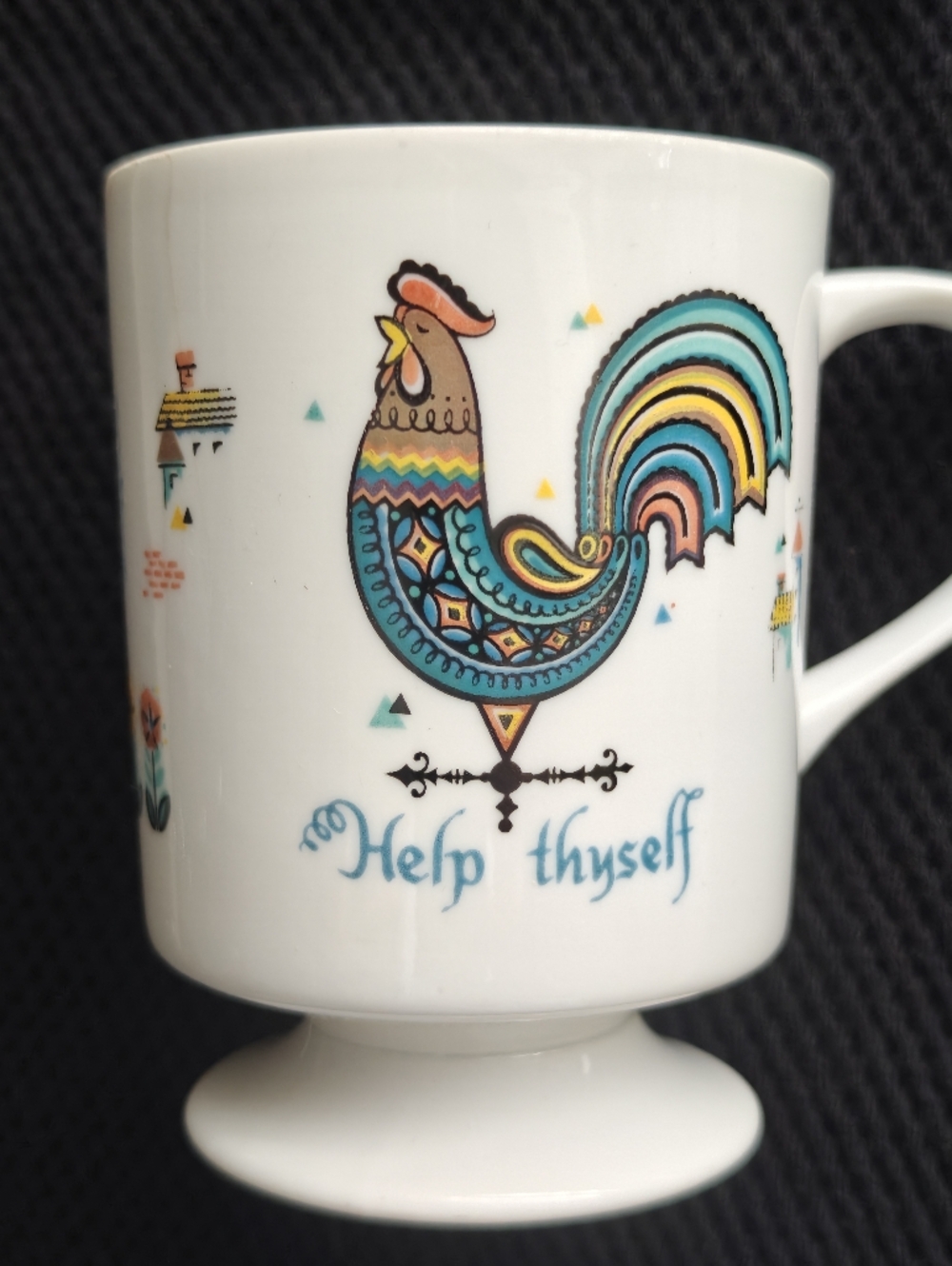 Vintage Berggren Coffee Mug Cup Footed Swedish Folk 8oz Rooster Help Thyself